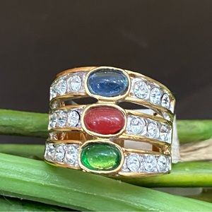 Vintage Three Row Ring Wide Band Colored Stone Rhinestone Goldplated Ring Size 6
